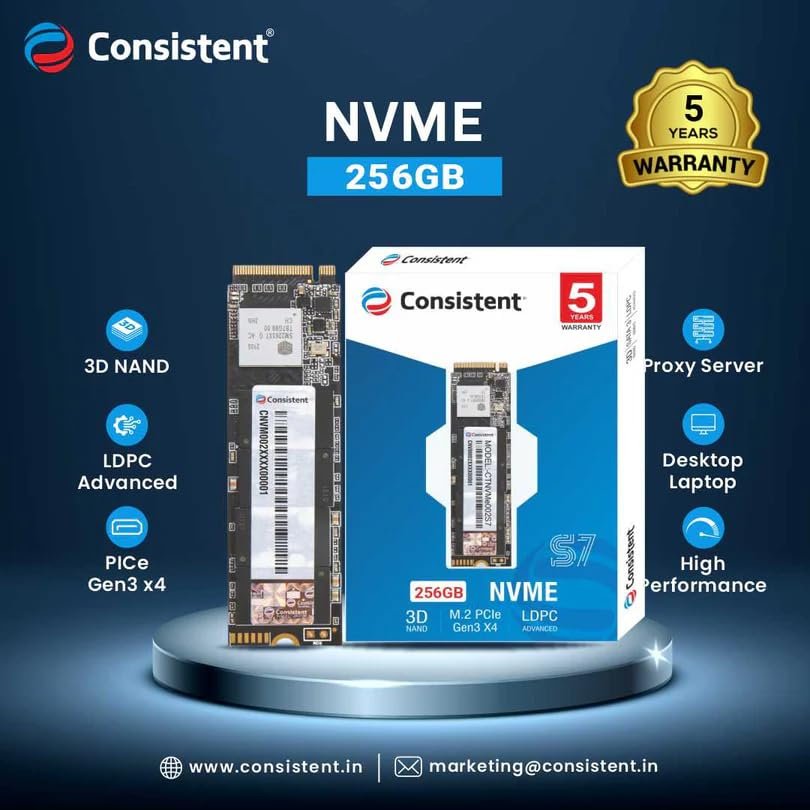 Consistent 256GB NVMe PCIe M.2 SSD 2280, 3D NAND with SLC Cache, Up to 2200MB/s, 5 Years Warranty